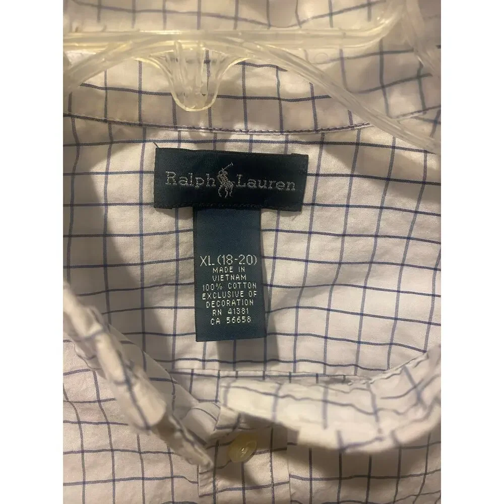 Ralph Lauren Boys XL 18-20 Button Down Shirt White Purple Tattersall Check Polo
